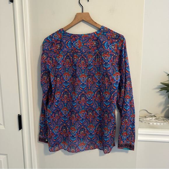 LOFT The Softened Shirt Blue Red Block Print Long Sleeve Blouse Top Small - Picture 5 of 13